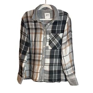 Aerie Womens Patchwork Plaid Brown Gray Gingham Button Down Top, size Sm